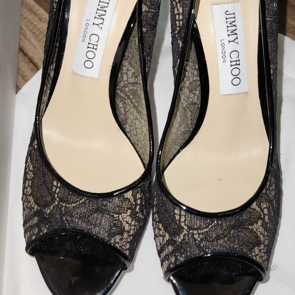 Jimmy Choo Black Luna Peep Toe Lace Pumps, Size 37 /US 7 Authentic - Picture 11 of 13